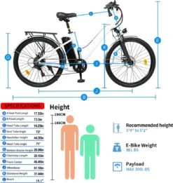 HITWAY 26 Inch E-bike, Elektrische Fiets Voor Heren En Dames, Pedelec Stadsfietsen, 250 W Motor, 36 V/11,2 Ah E-bike, Shimano 7 Versnellingen, 35-90 Km| Wit / Blauw -Optimaal Fietsenreeksen Winkel 1135x1200