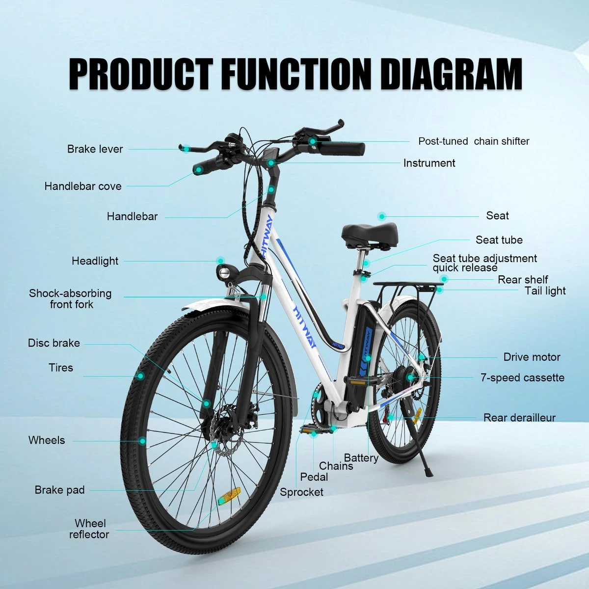 Hitway Elektrische Fiets | E-bike Damesfiets | 26 Inch | 250W Motor | Wit 8 Hitway Elektrische Fiets | E-bike Damesfiets | 26 Inch | 250W Motor | Wit - Afbeelding 6